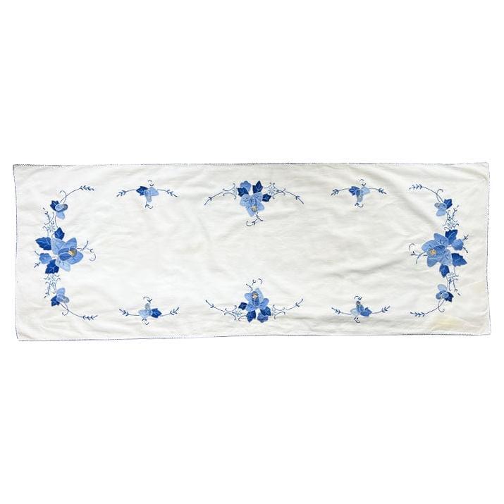Long Vintage Chintz Embroidered Blue Floral Appliqué Tablecloth Runner For Sale
