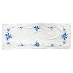 Long Vintage Chintz Embroidered Blue Floral Appliqué Tablecloth Runner