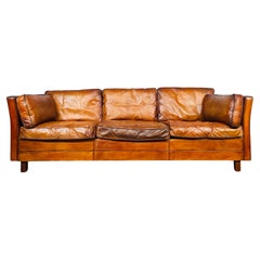 Long Retro Danish 1970s Patinated Tan Three Seater Leather Sofa #667