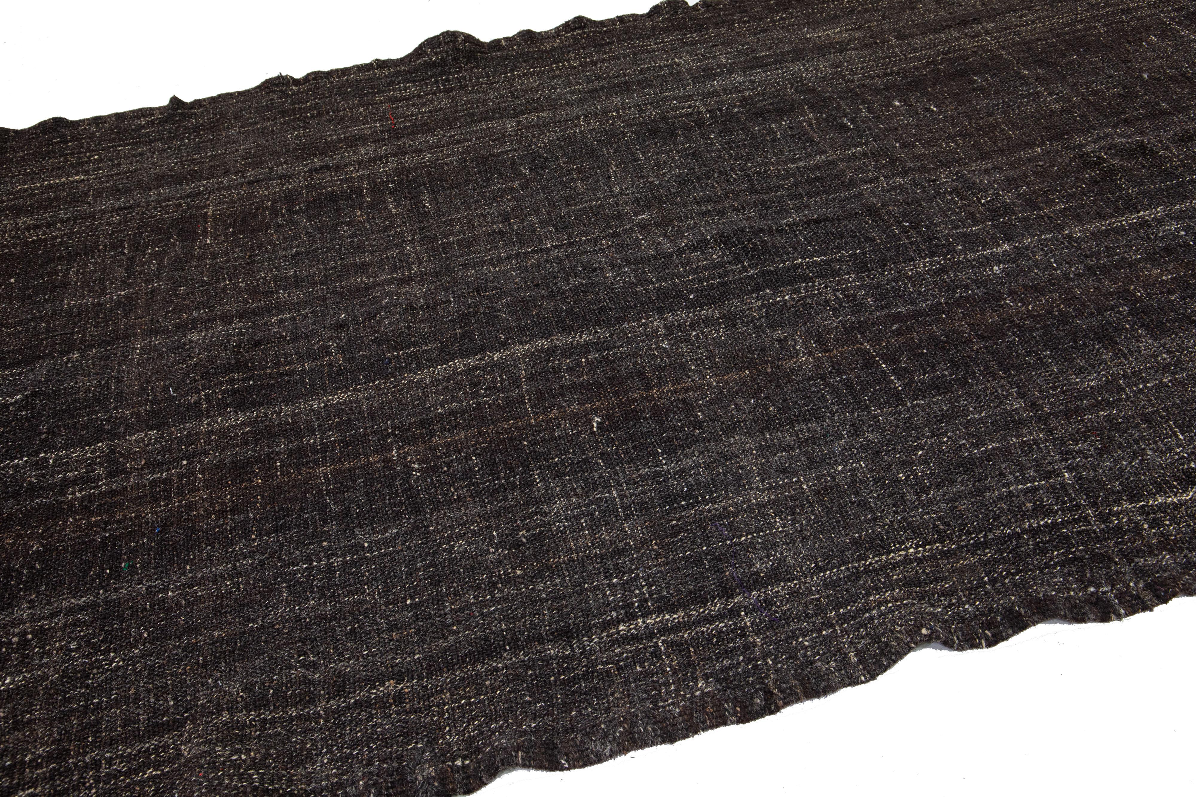 Persian  Long Vintage Dark Brown Solid Mid-Century Modern Style Kilim Wool Runner For Sale