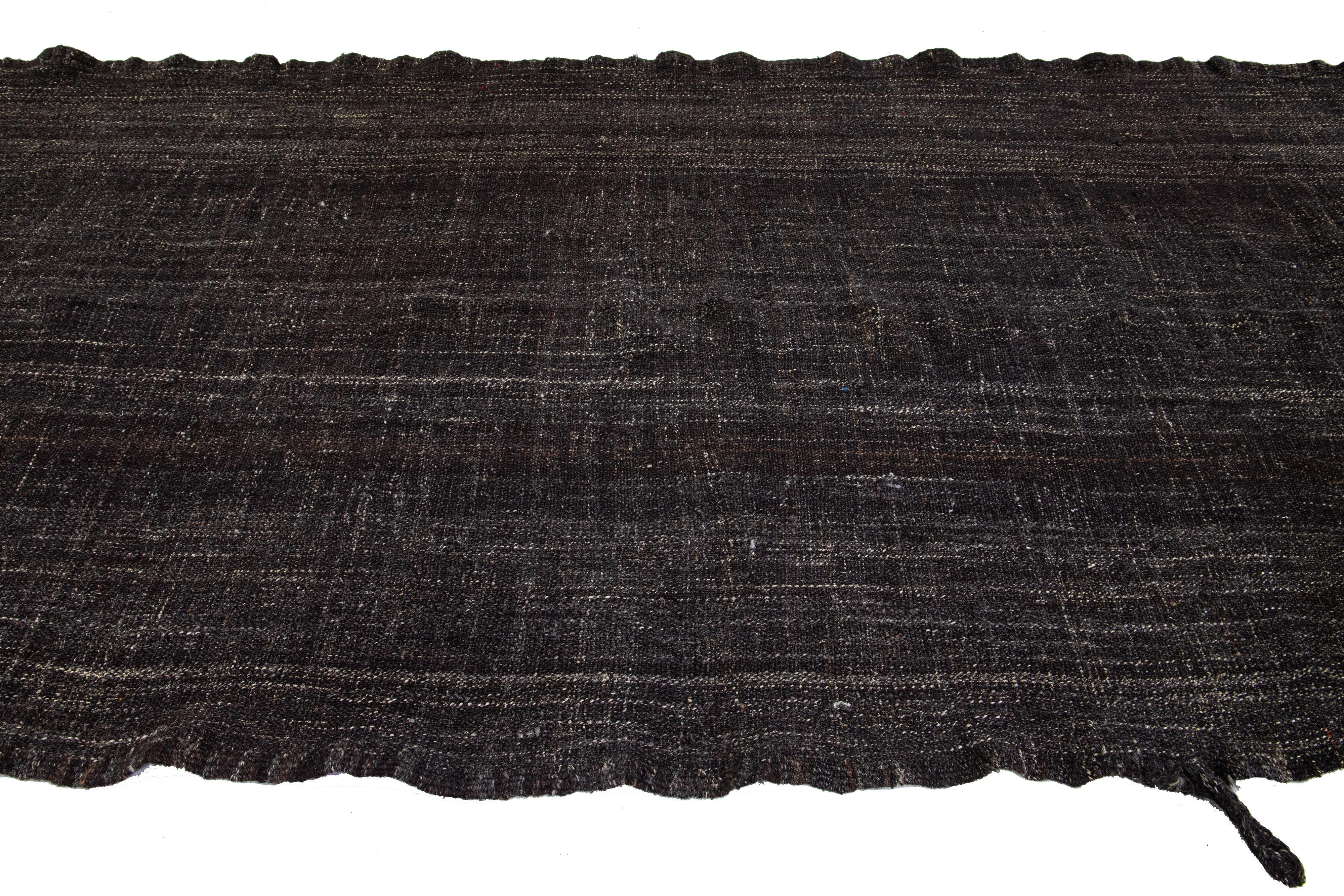 Hand-Knotted  Long Vintage Dark Brown Solid Mid-Century Modern Style Kilim Wool Runner For Sale