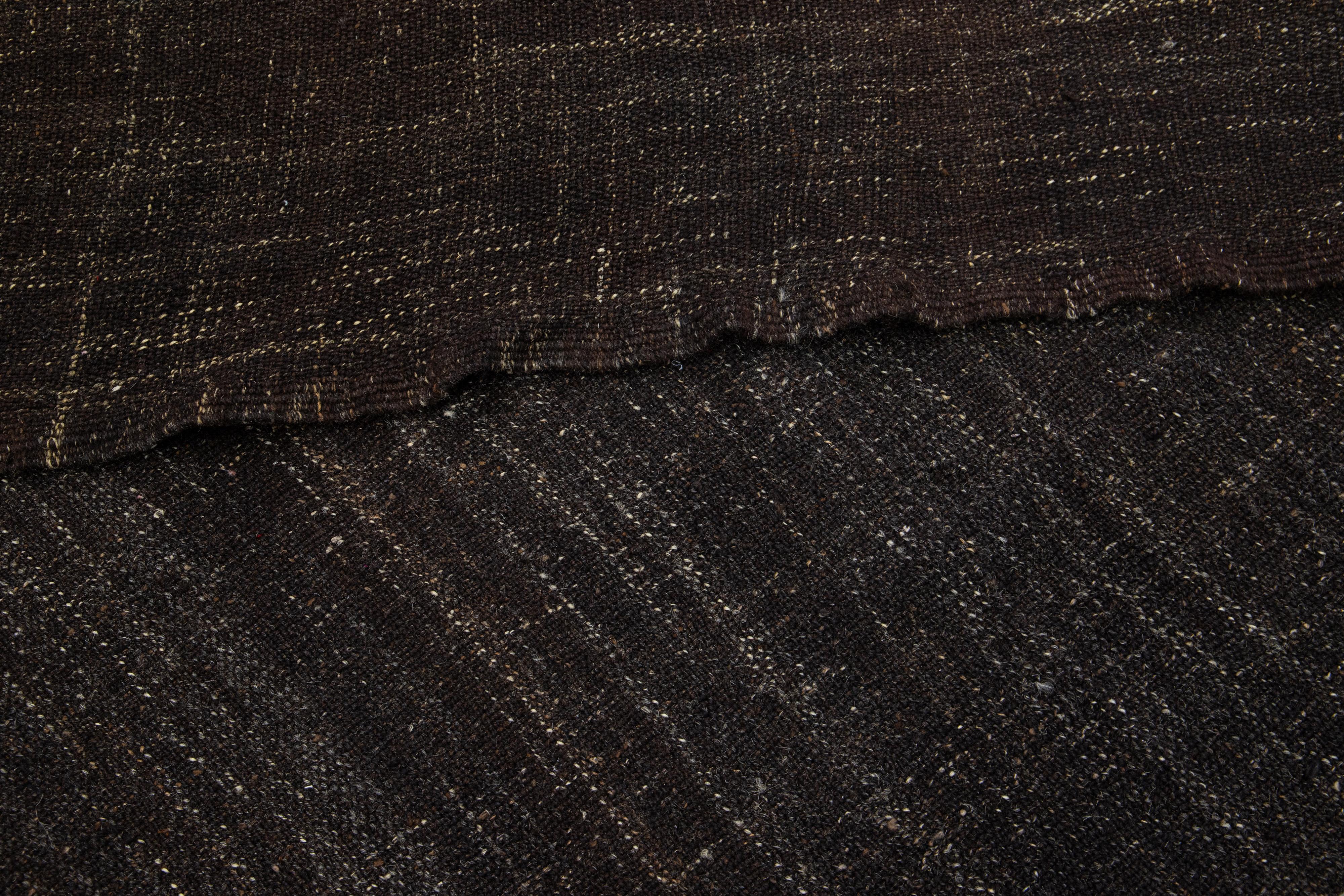  Long Vintage Dark Brown Solid Mid-Century Modern Style Kilim Wool Runner For Sale 1