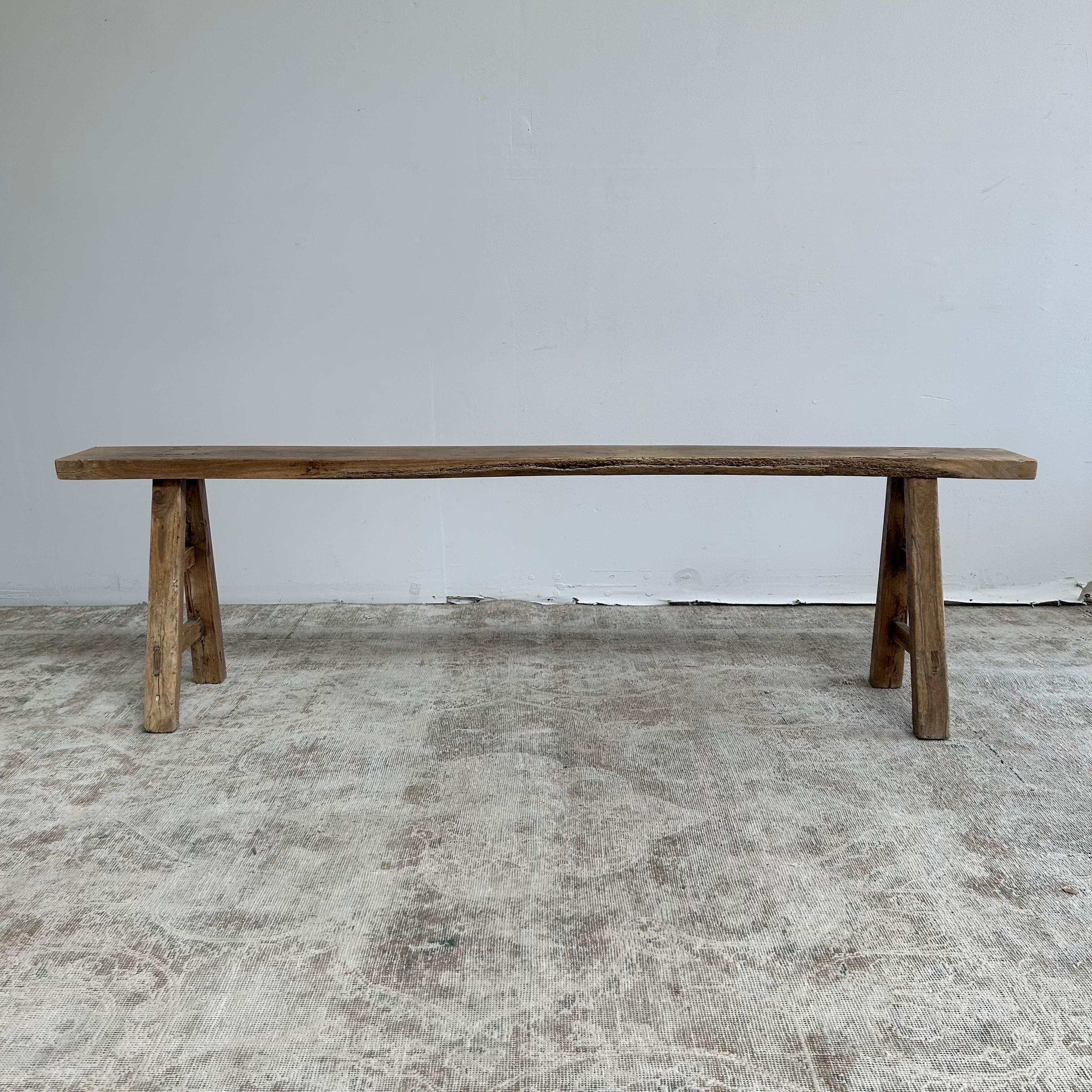 These are the real vintage antique elm wood benches! Beautiful antique patina, with weathering and age, these are solid and sturdy ready for daily use, use as a table behind a sofa, stool, coffee table, they are great for any space. Each piece is