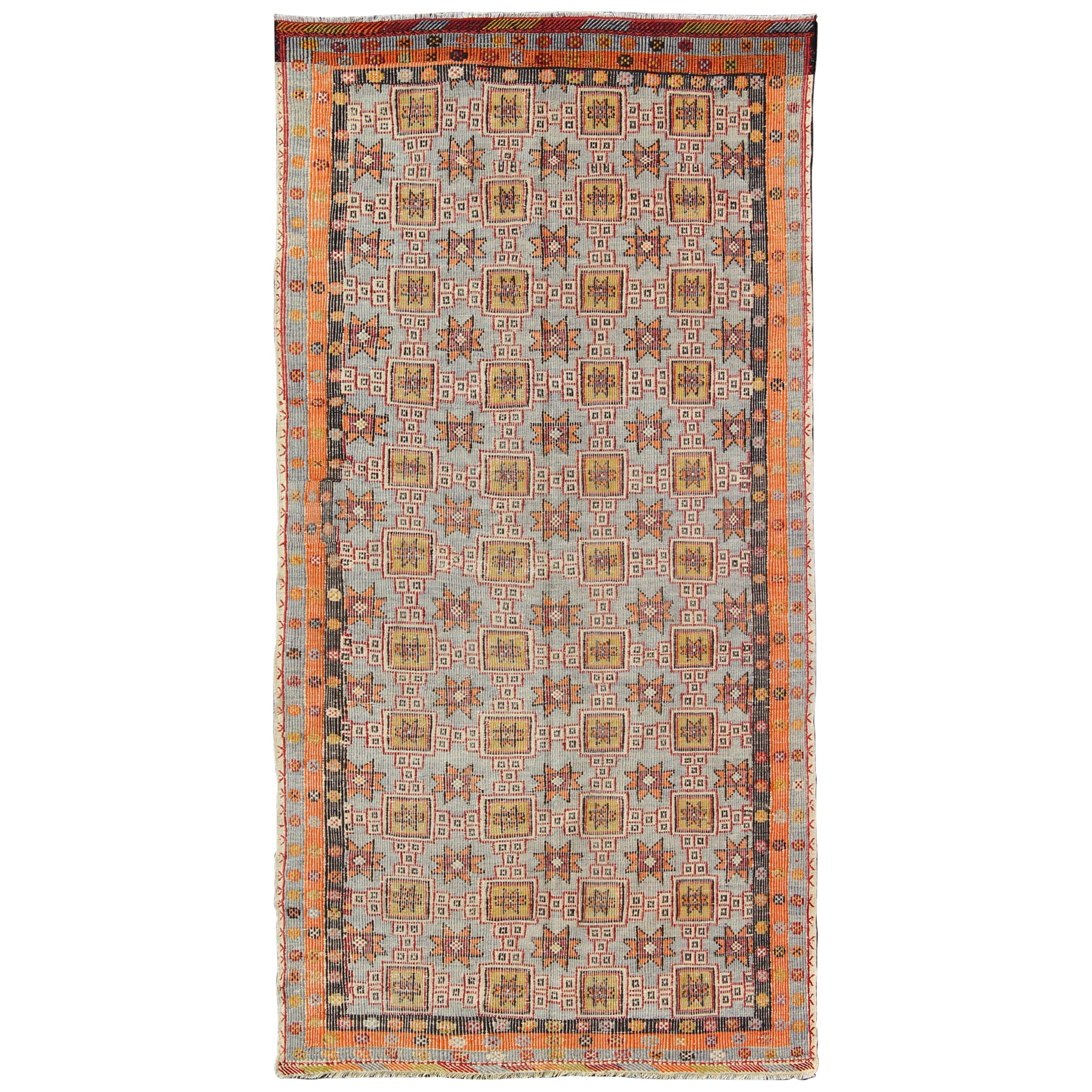 Long Vintage Embroidered Kilim Rug with Colorful All-Over Star Design