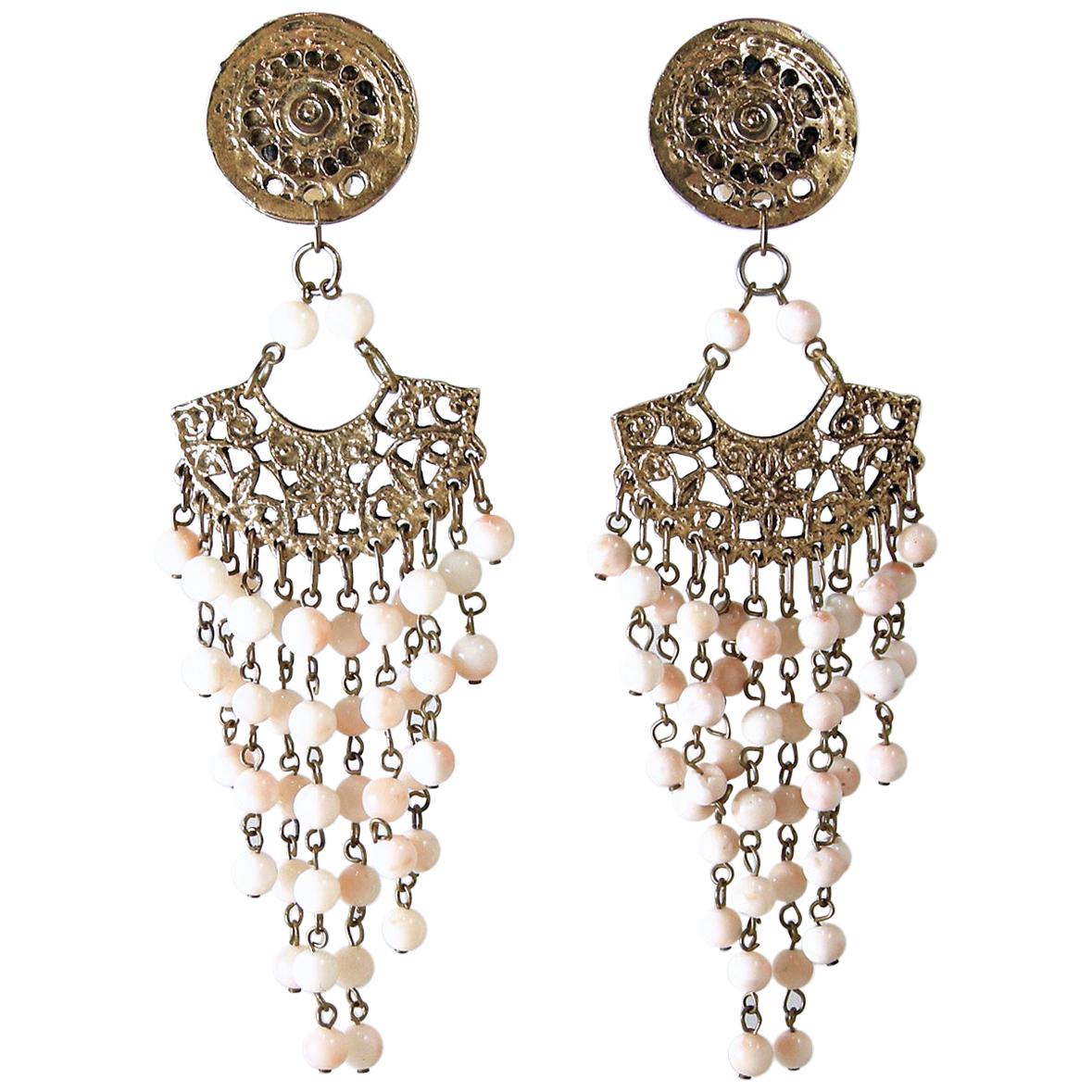 Long Vintage Faux Angel Coral Dangling Bead Earrings For Sale