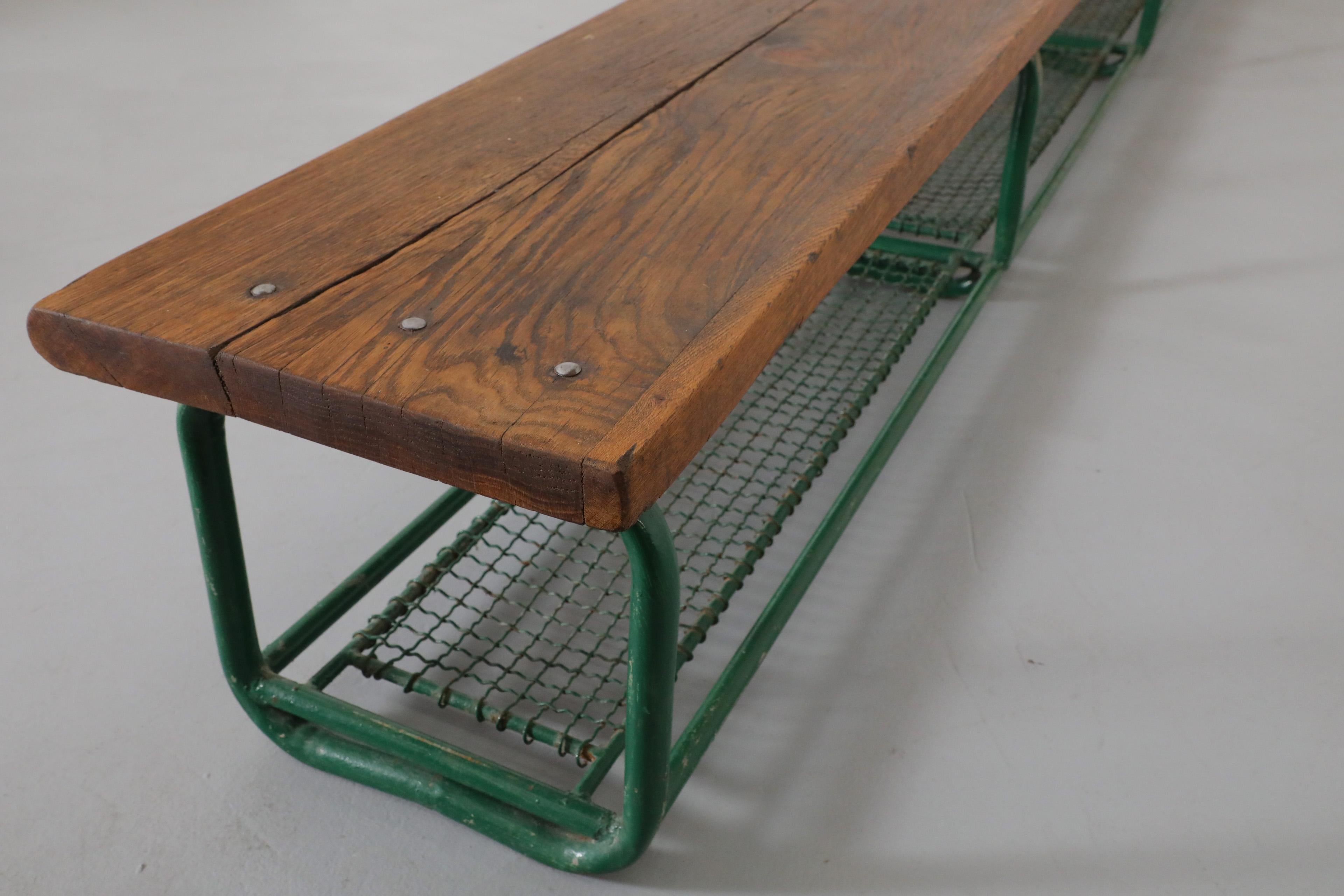 Long Vintage Green Enameled Steel and Solid Oak Gym Bench with Lower Storage For Sale 3
