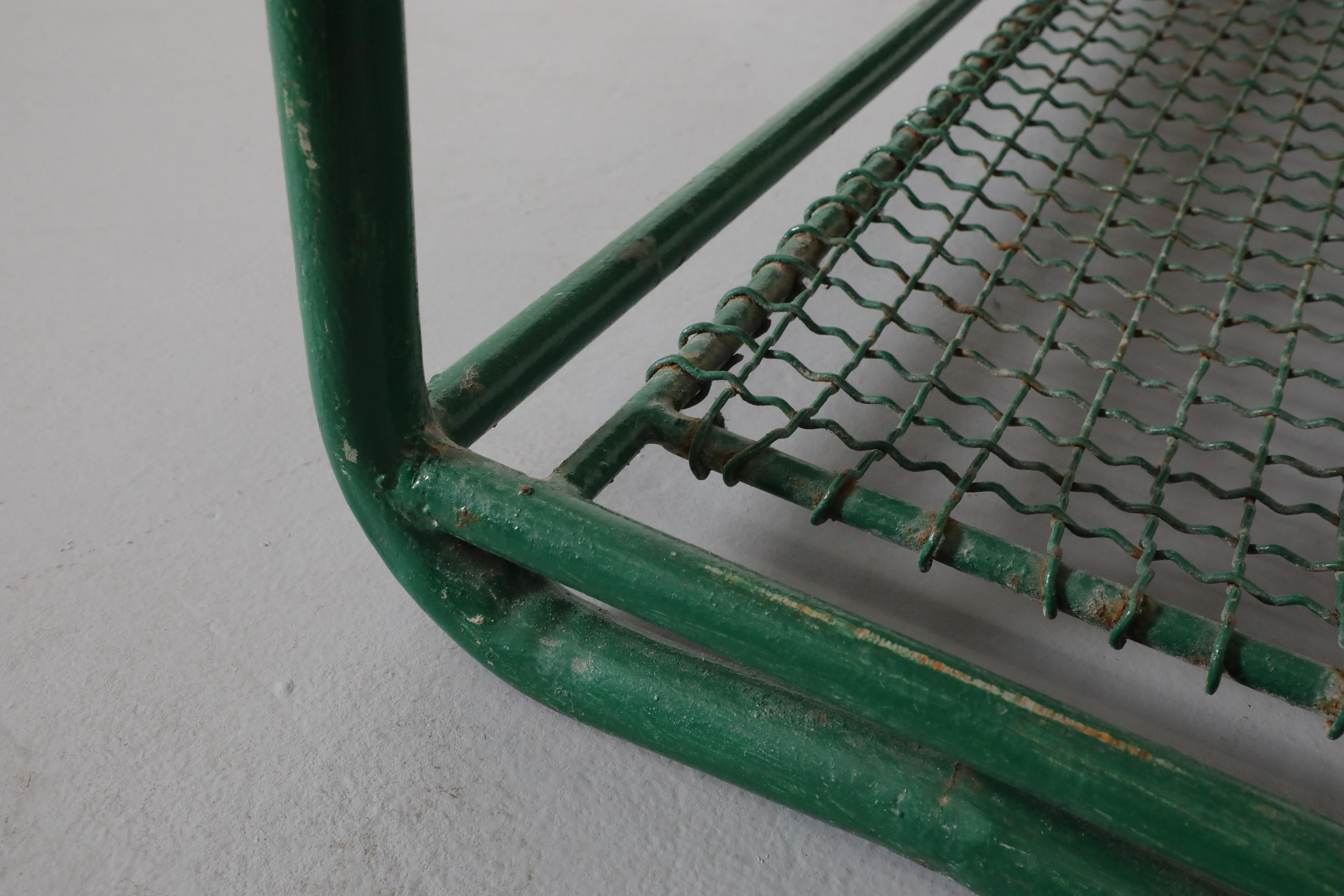 Long Vintage Green Enameled Steel and Solid Oak Gym Bench with Lower Storage For Sale 8