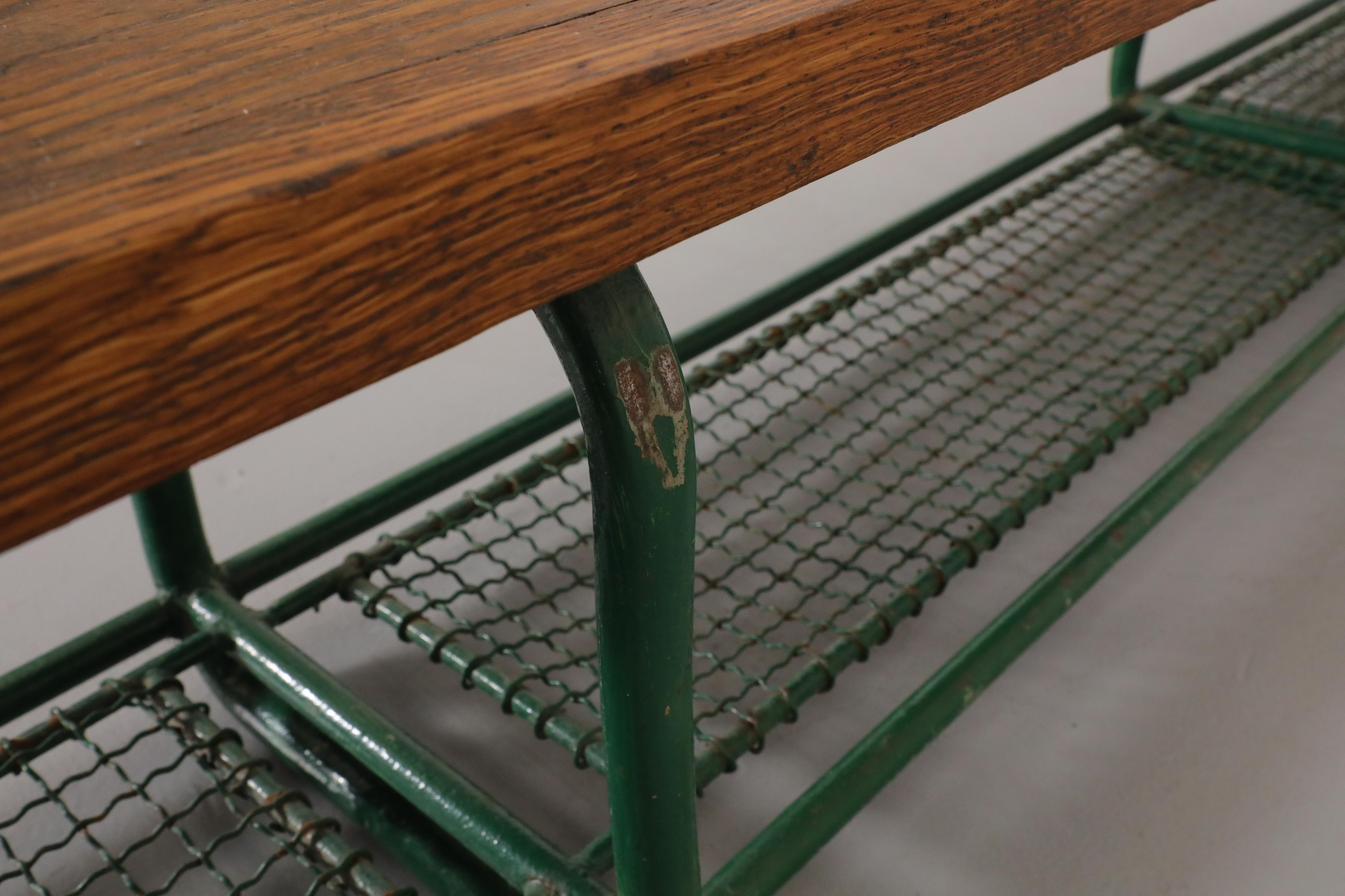 Long Vintage Green Enameled Steel and Solid Oak Gym Bench with Lower Storage For Sale 9