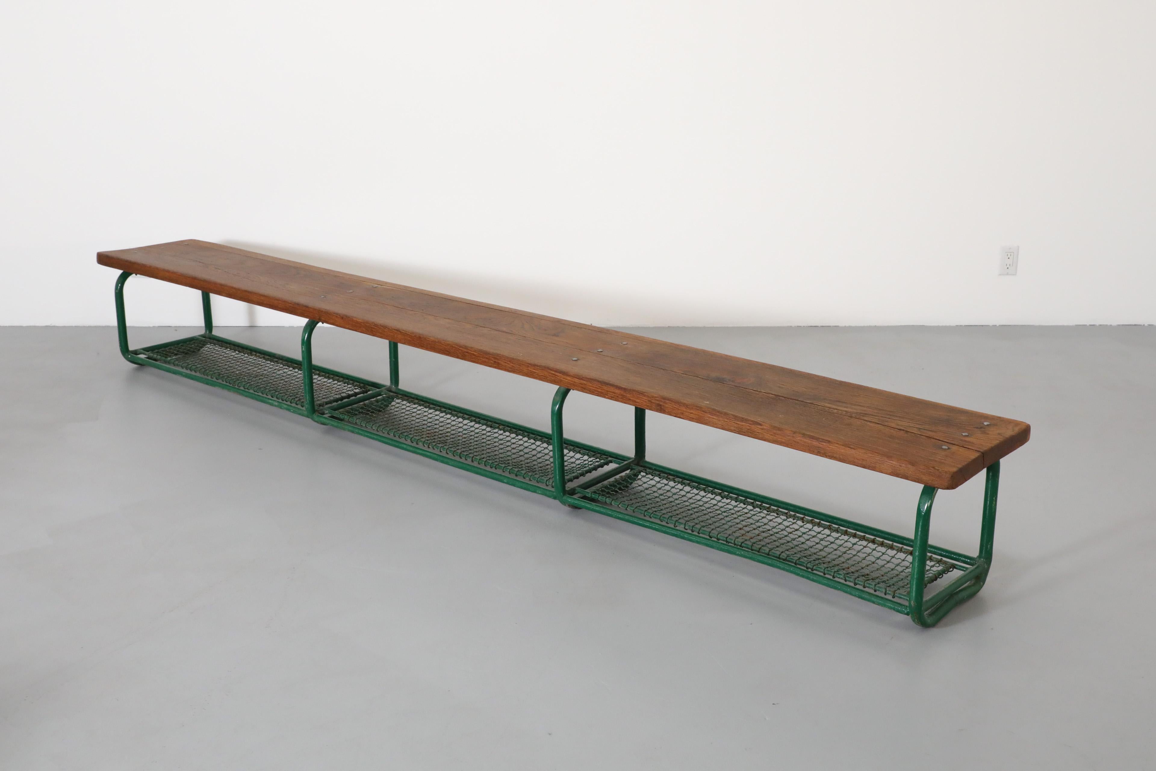 Long Vintage Green Enameled Steel and Solid Oak Gym Bench with Lower Storage For Sale 11