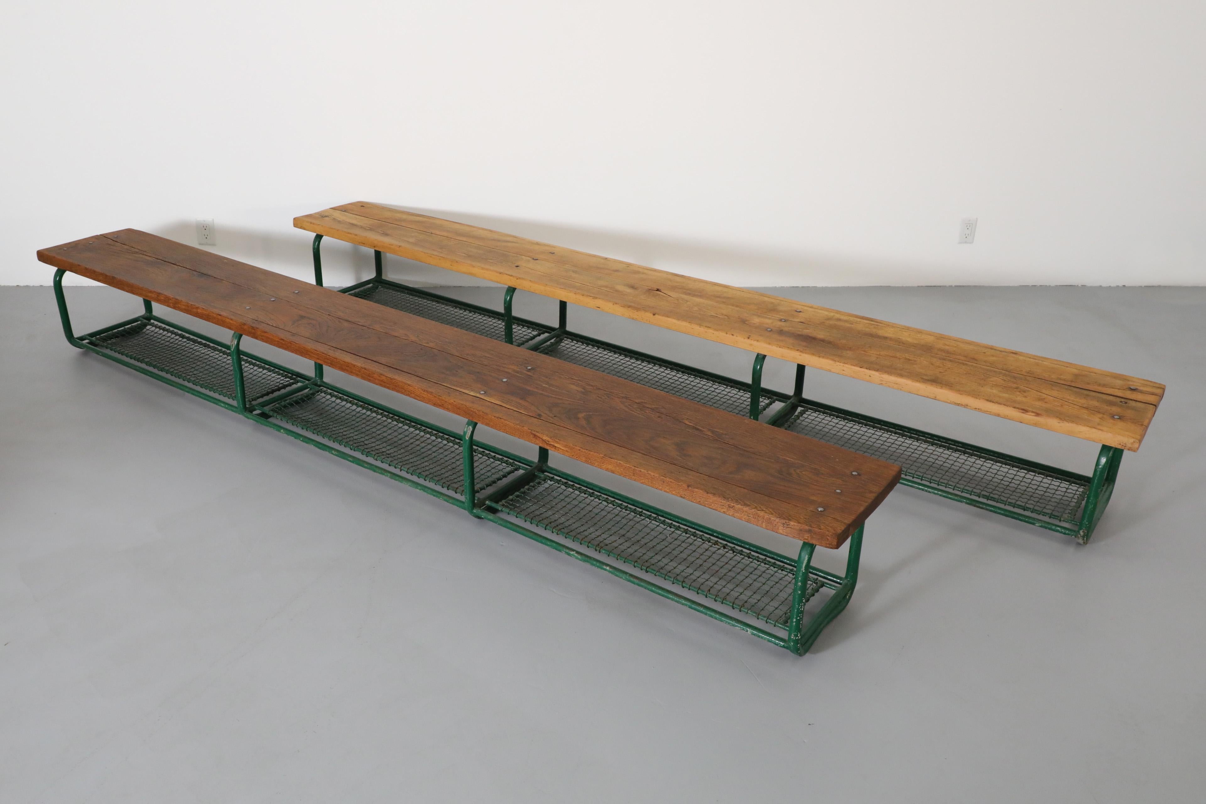 Dutch Long Vintage Green Enameled Steel and Solid Oak Gym Bench with Lower Storage For Sale