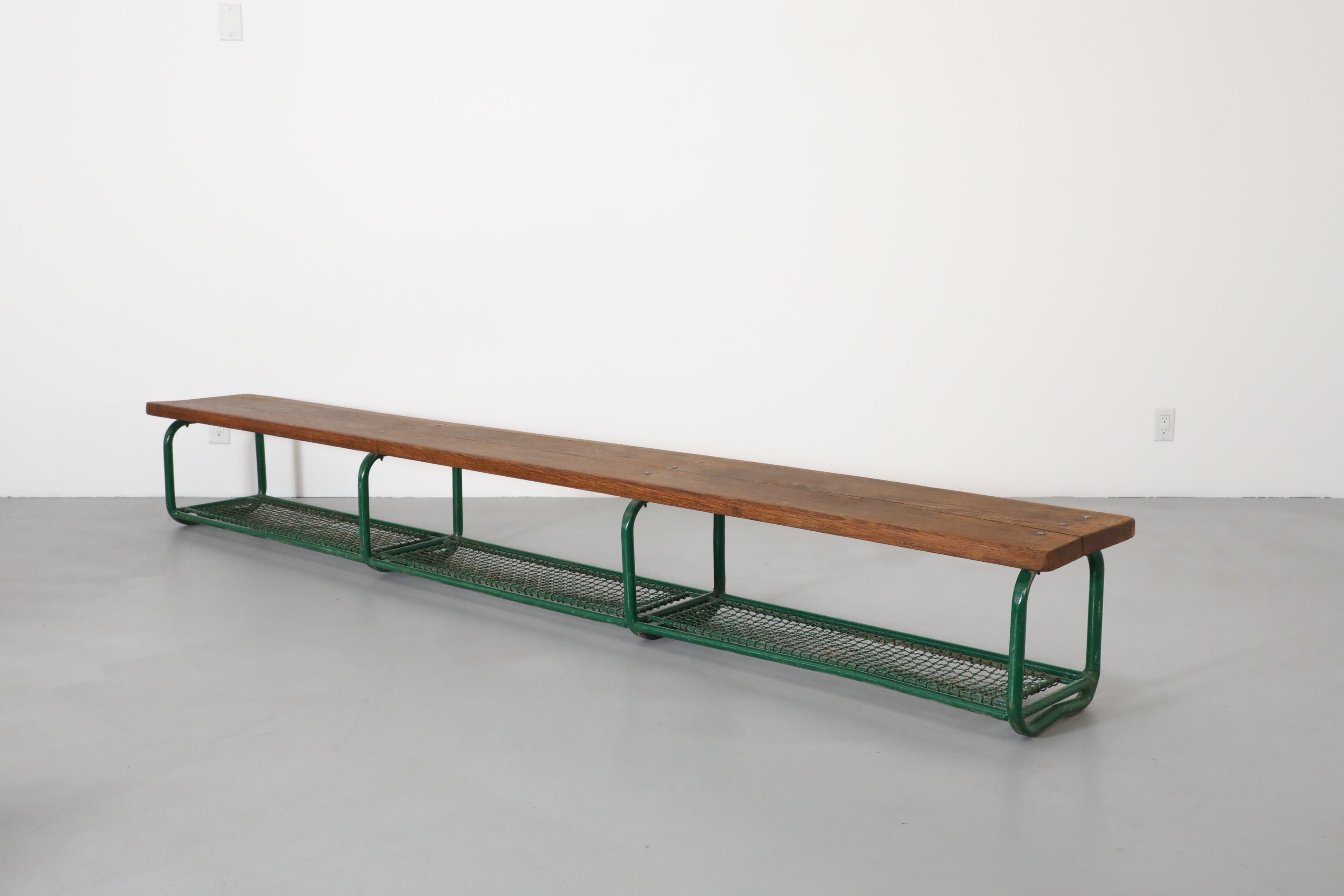 Late 20th Century Long Vintage Green Enameled Steel and Solid Oak Gym Bench with Lower Storage For Sale