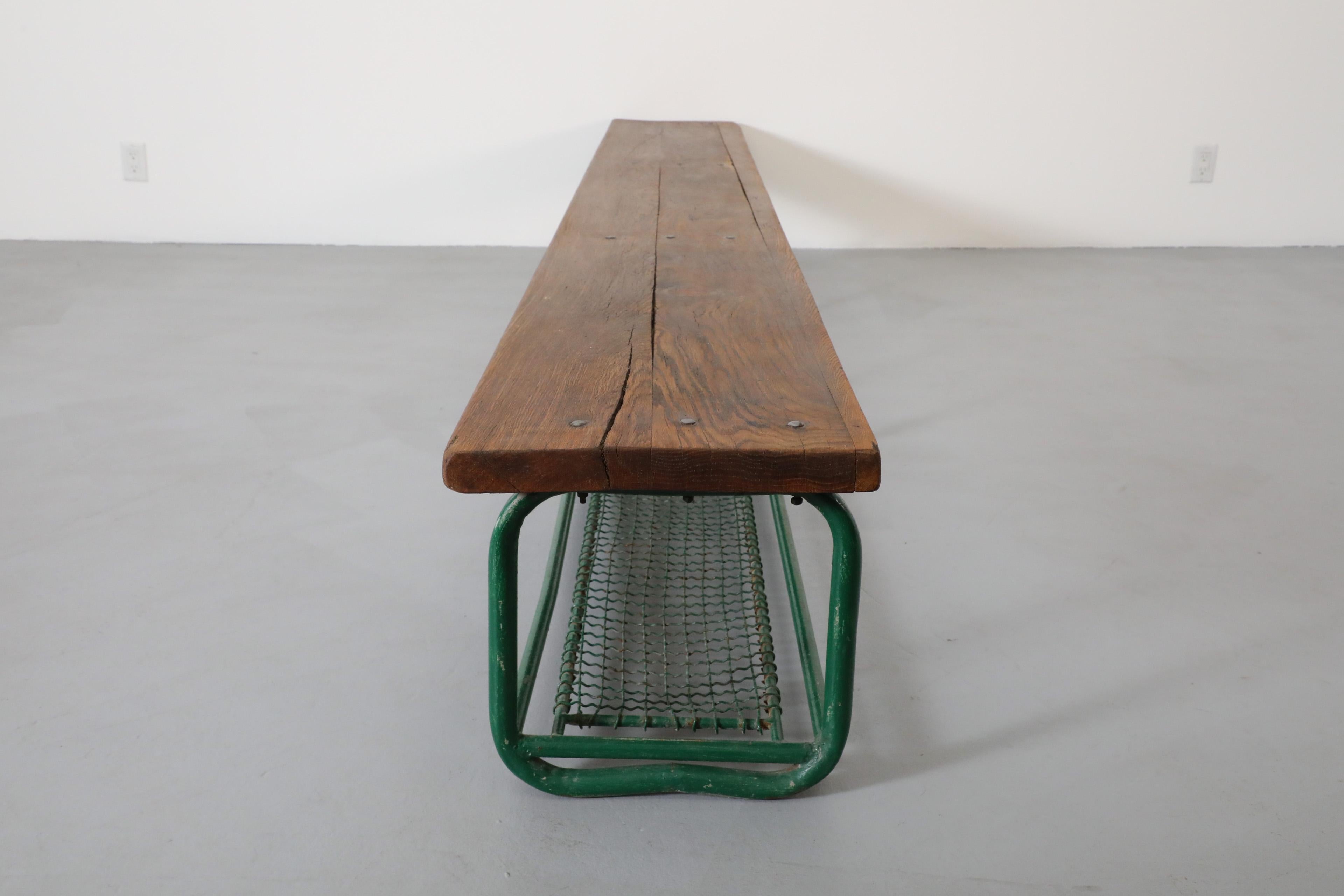 Long Vintage Green Enameled Steel and Solid Oak Gym Bench with Lower Storage For Sale 2