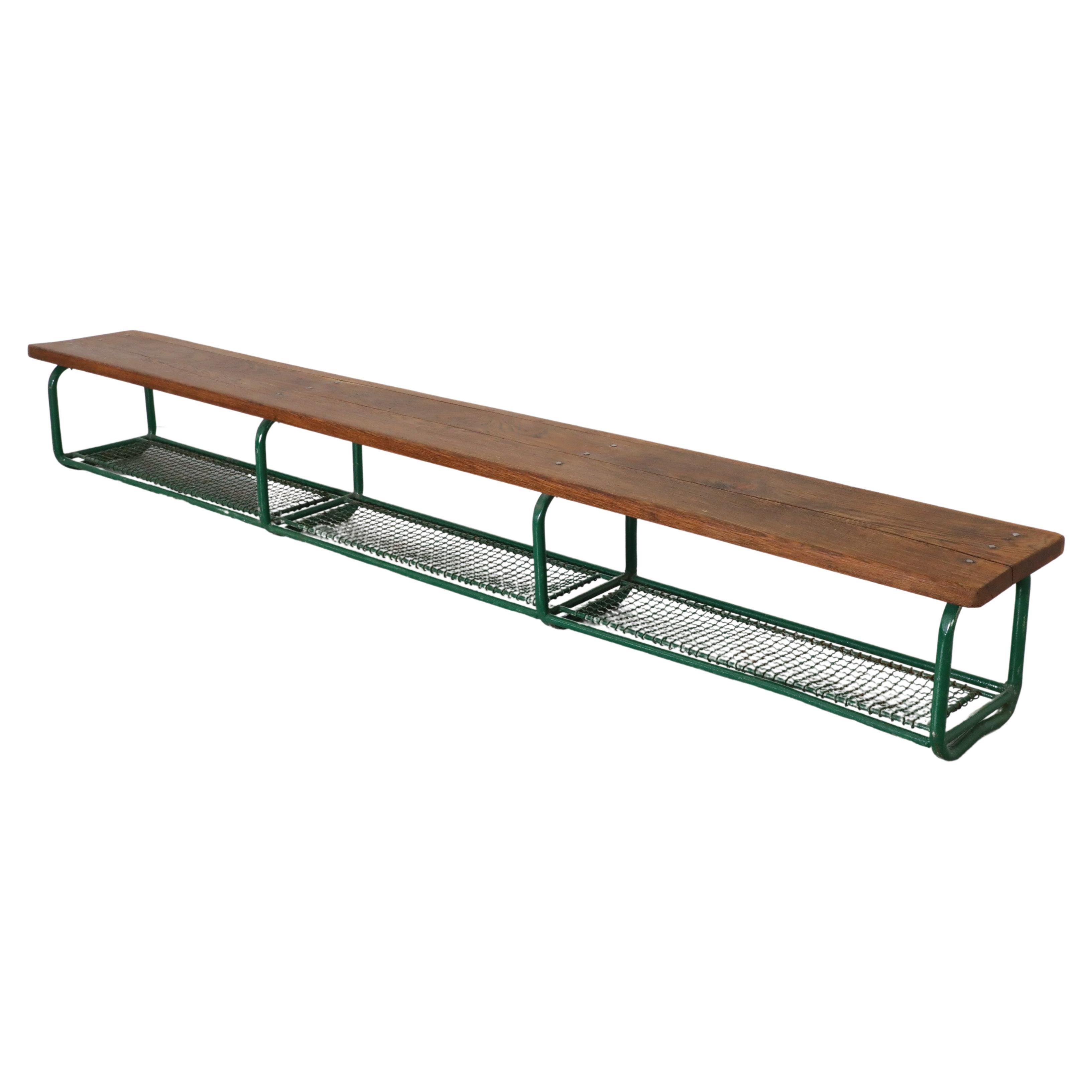 Long Vintage Green Enameled Steel and Solid Oak Gym Bench with Lower Storage For Sale