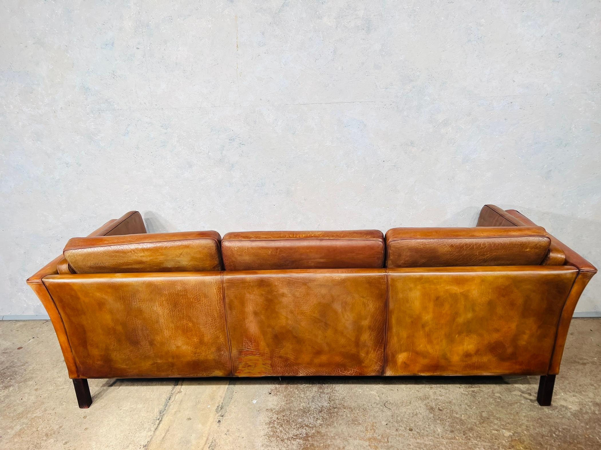 Long Vintage Hans Mogensen 70s Patinated Light Tan 3 Seater Leather Sofa #650 6