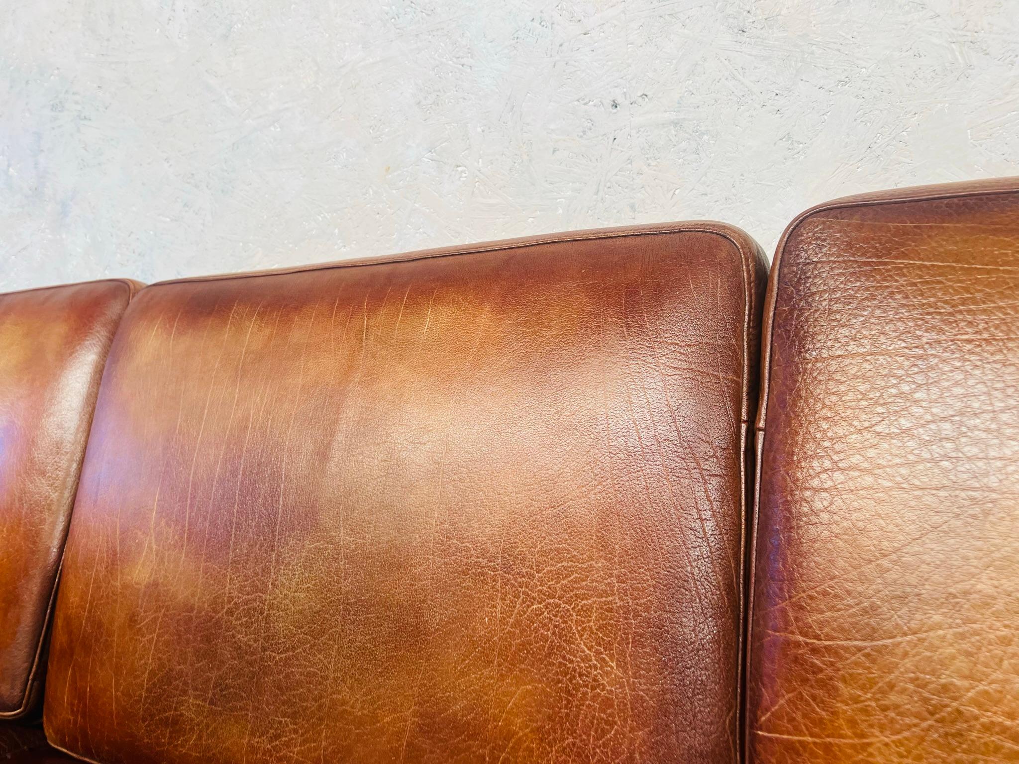 20th Century Long Vintage Hans Mogensen 70s Patinated Light Tan 3 Seater Leather Sofa #650