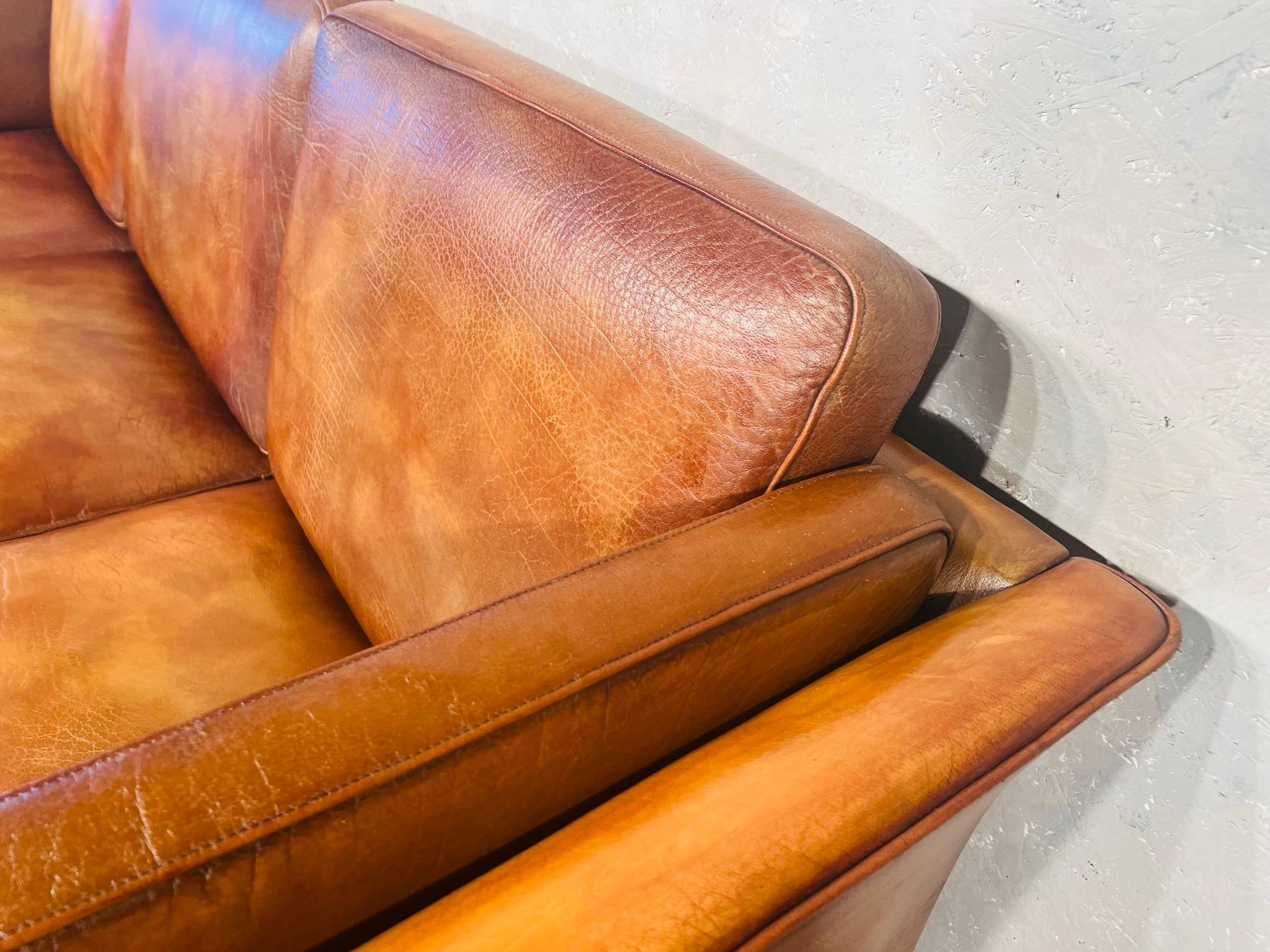 Long Vintage Hans Mogensen 70s Patinated Light Tan 3 Seater Leather Sofa #650 1