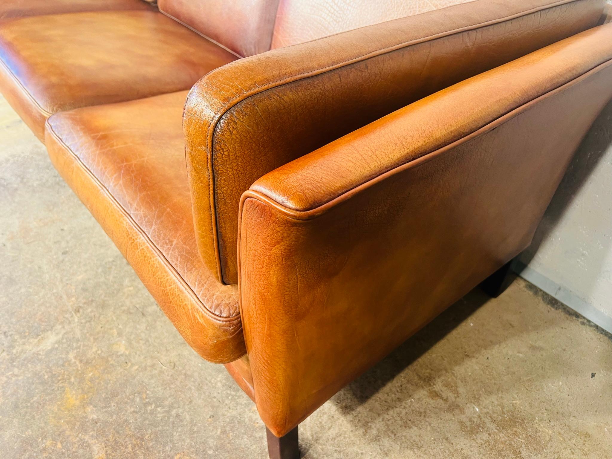 Long Vintage Hans Mogensen 70s Patinated Light Tan 3 Seater Leather Sofa #650 2