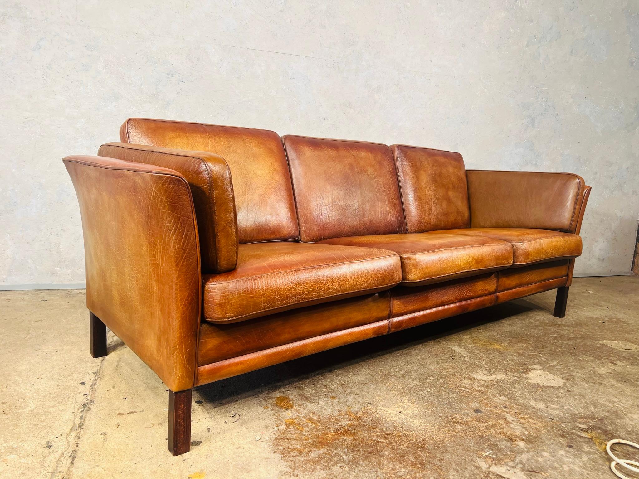 Long Vintage Hans Mogensen 70s Patinated Light Tan 3 Seater Leather Sofa #650 3