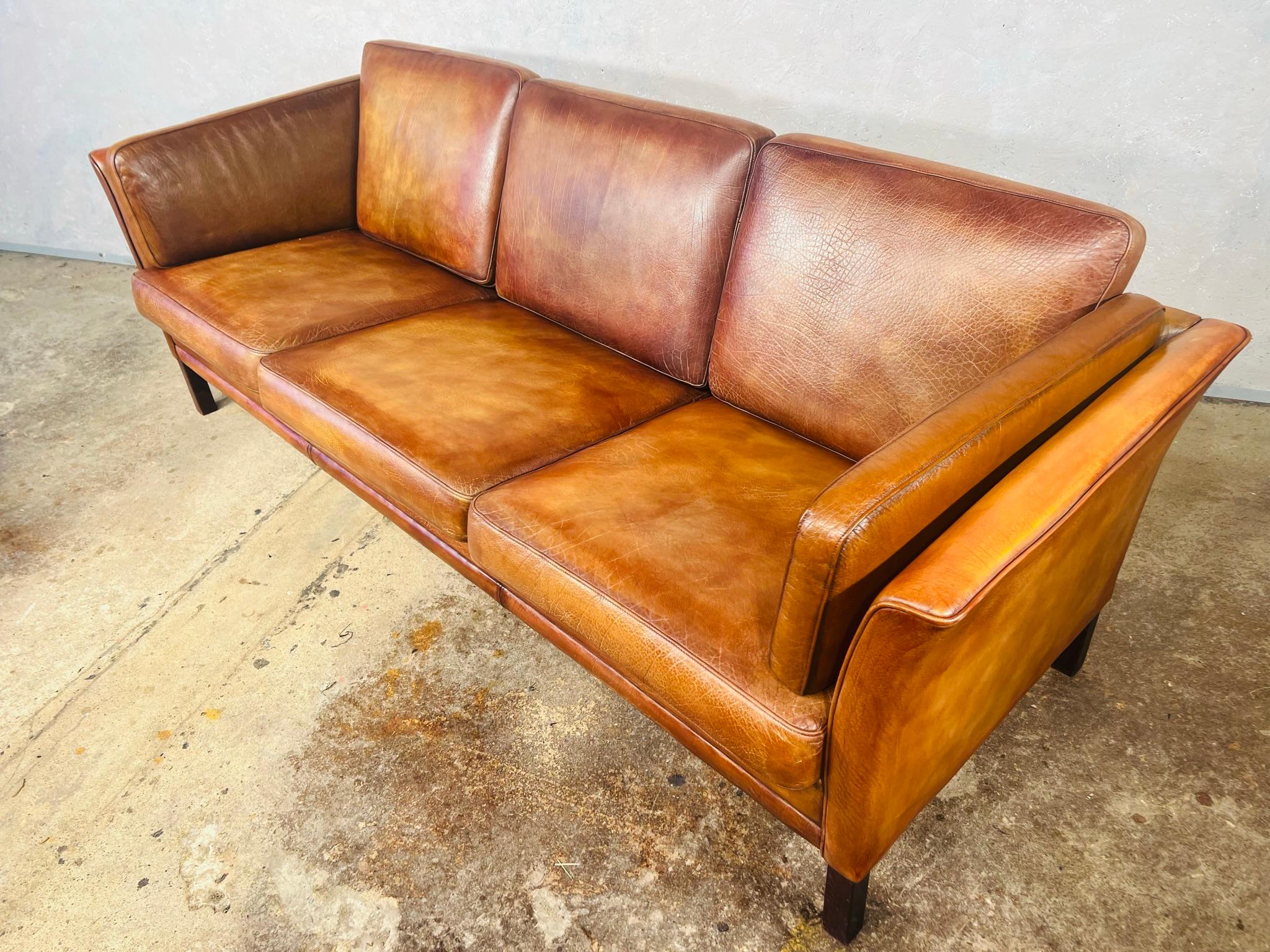 Long Vintage Hans Mogensen 70s Patinated Light Tan 3 Seater Leather Sofa #650 4