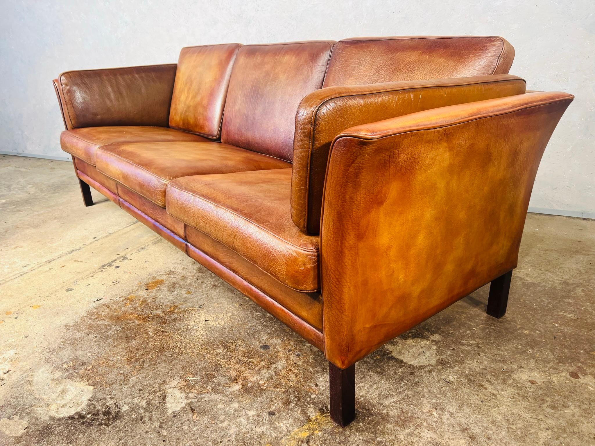 Long Vintage Hans Mogensen 70s Patinated Light Tan 3 Seater Leather Sofa #650 5
