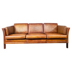 Long Vintage Hans Mogensen 70s Patinated Light Tan 3 Seater Leather Sofa #650