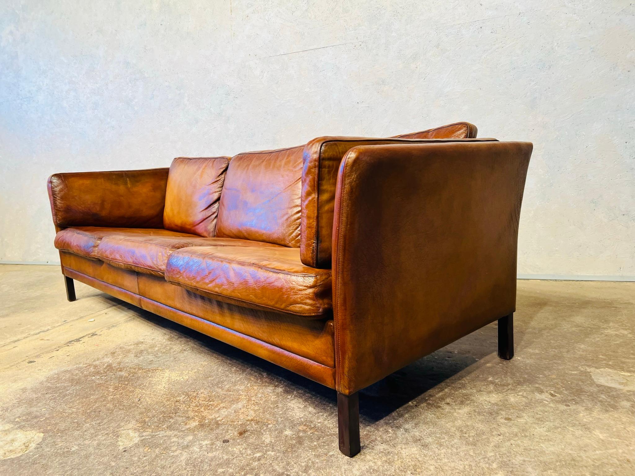 Long Vintage Hans Mogensen 70s Patinated Tan Three Seater Leather Sofa #505 In Good Condition In Lewes, GB