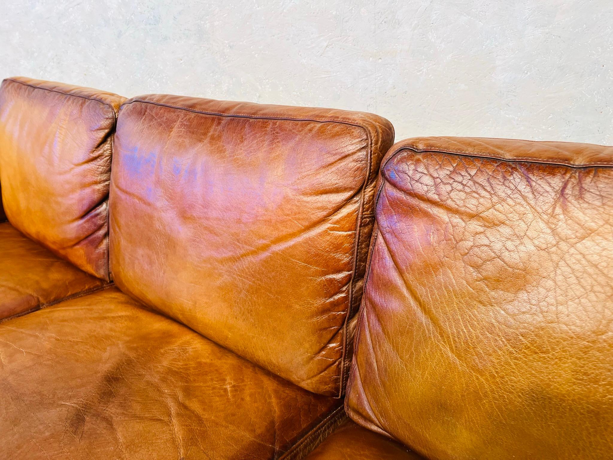 20th Century Long Vintage Hans Mogensen 70s Patinated Tan Three Seater Leather Sofa #505