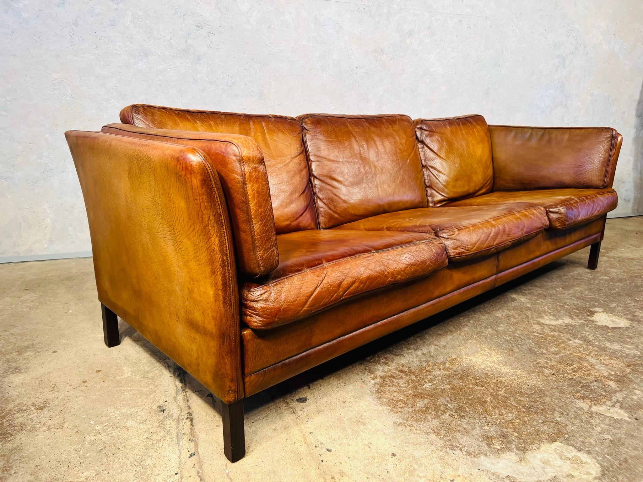 Long Vintage Hans Mogensen 70s Patinated Tan Three Seater Leather Sofa #505 2