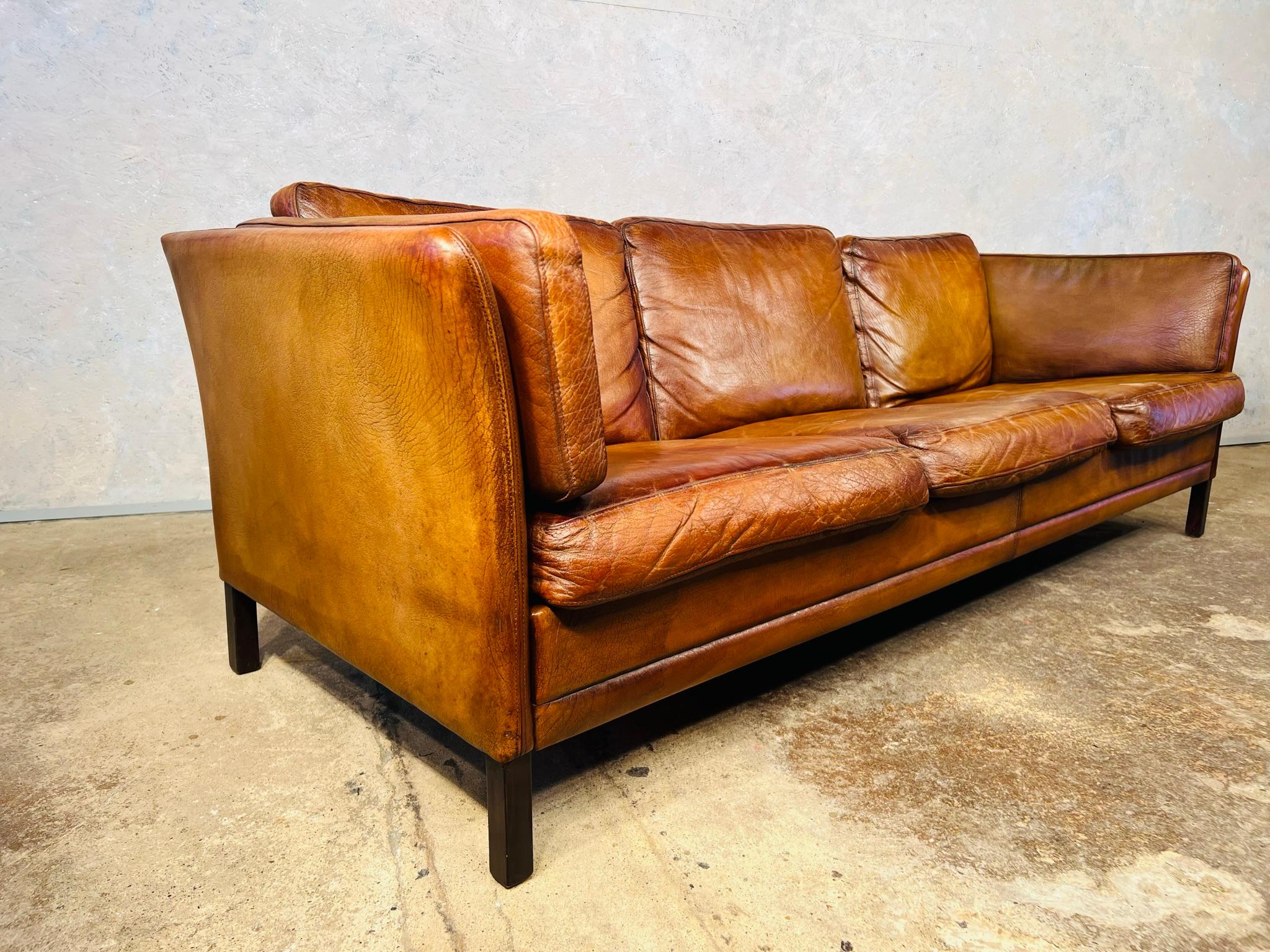 Long Vintage Hans Mogensen 70s Patinated Tan Three Seater Leather Sofa #505 3