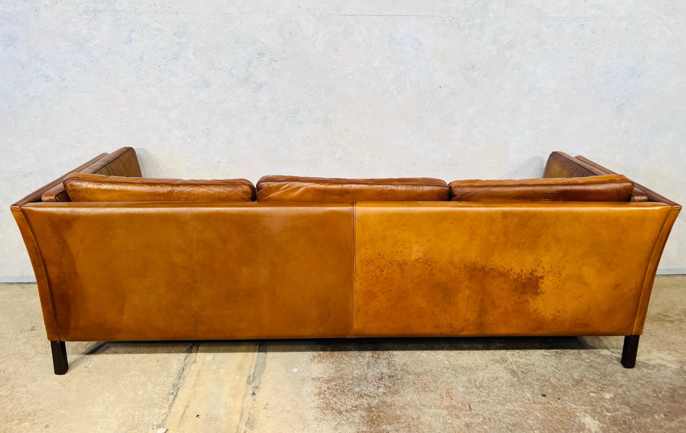 Long Vintage Hans Mogensen 70s Patinated Tan Three Seater Leather Sofa #505 4