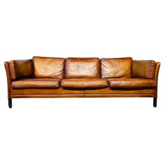 Long Vintage Hans Mogensen 70s Patinated Tan Three Seater Leather Sofa #505
