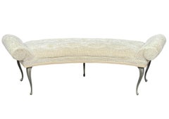 Long Vintage Hollywood Regency Curved Bench with Silver Legs & Upholstered Seat