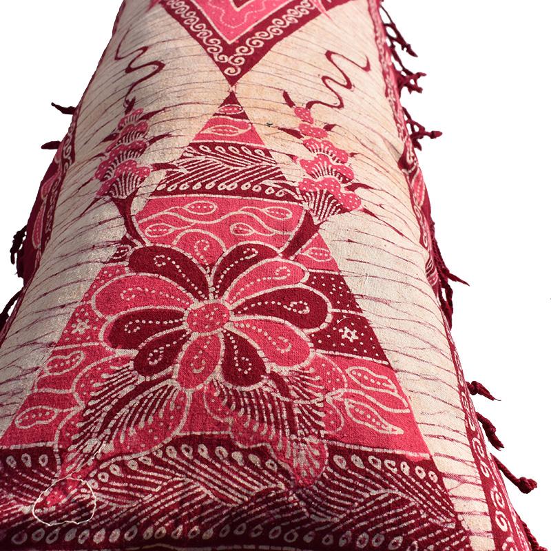 Long Vintage Indonesian Batik Down Lumbar Pillow with Tassels in Pink and Purple In New Condition In Oklahoma City, OK