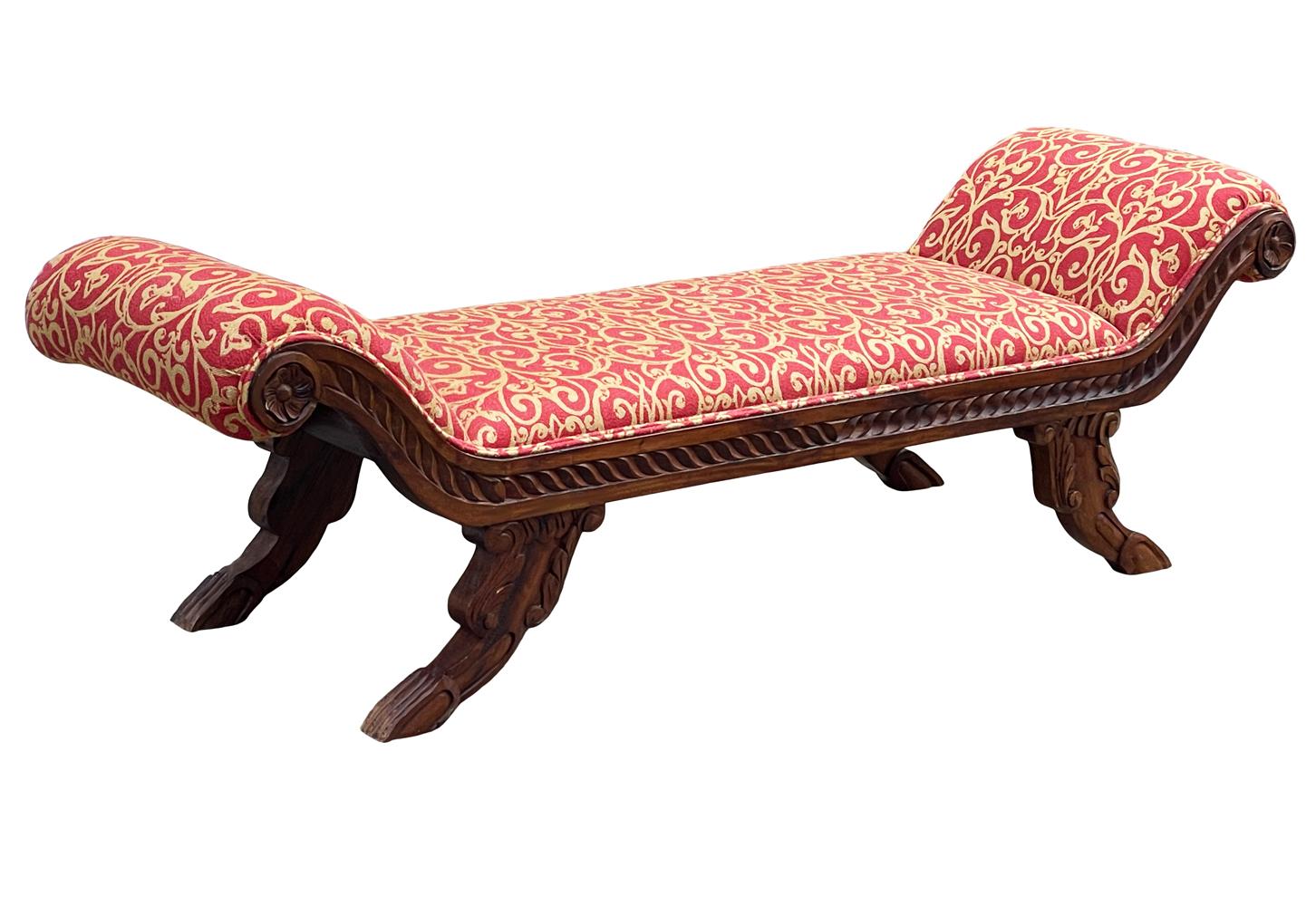 A well made carved wood bench from Italy. Fabric is original and very clean. Ready to use condition. 