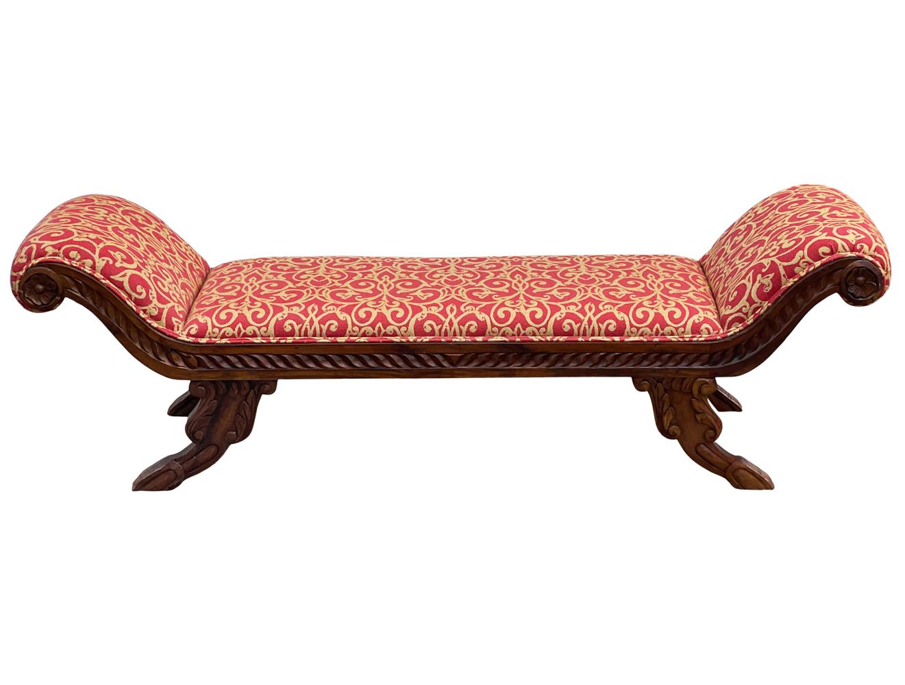 Long Vintage Italian Style Carved Wood Bench with Upholstered Seat  In Good Condition For Sale In Philadelphia, PA