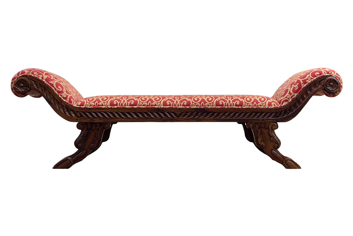 Late 20th Century Long Vintage Italian Style Carved Wood Bench with Upholstered Seat  For Sale