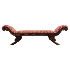 Long Used Italian Style Carved Wood Bench with Upholstered Seat 