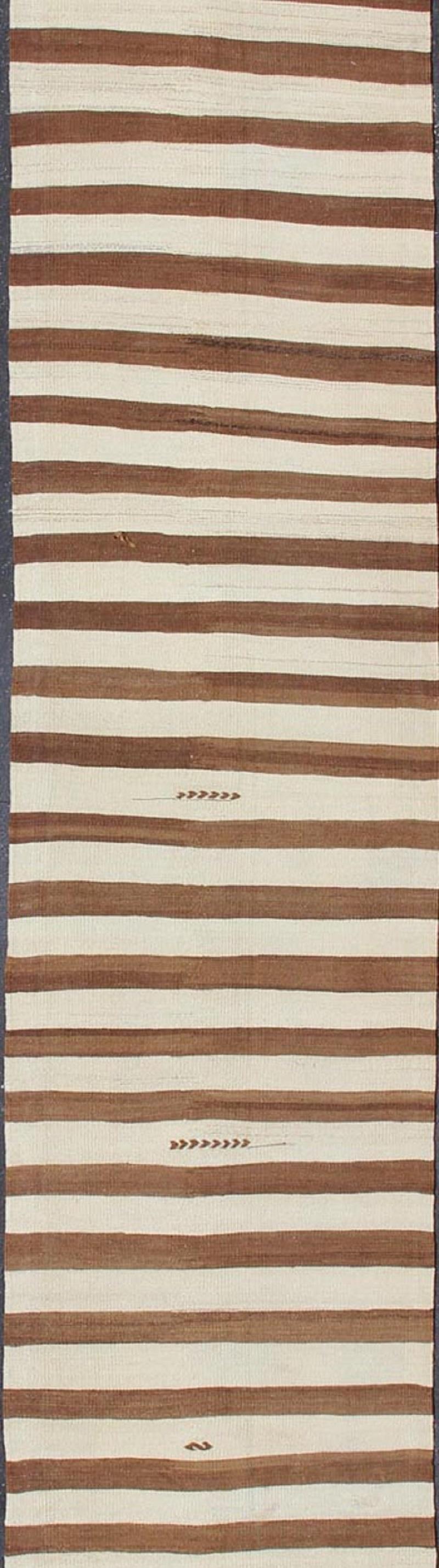 Turkish Long Vintage Kilim Runner with Brown and Ivory Stripes