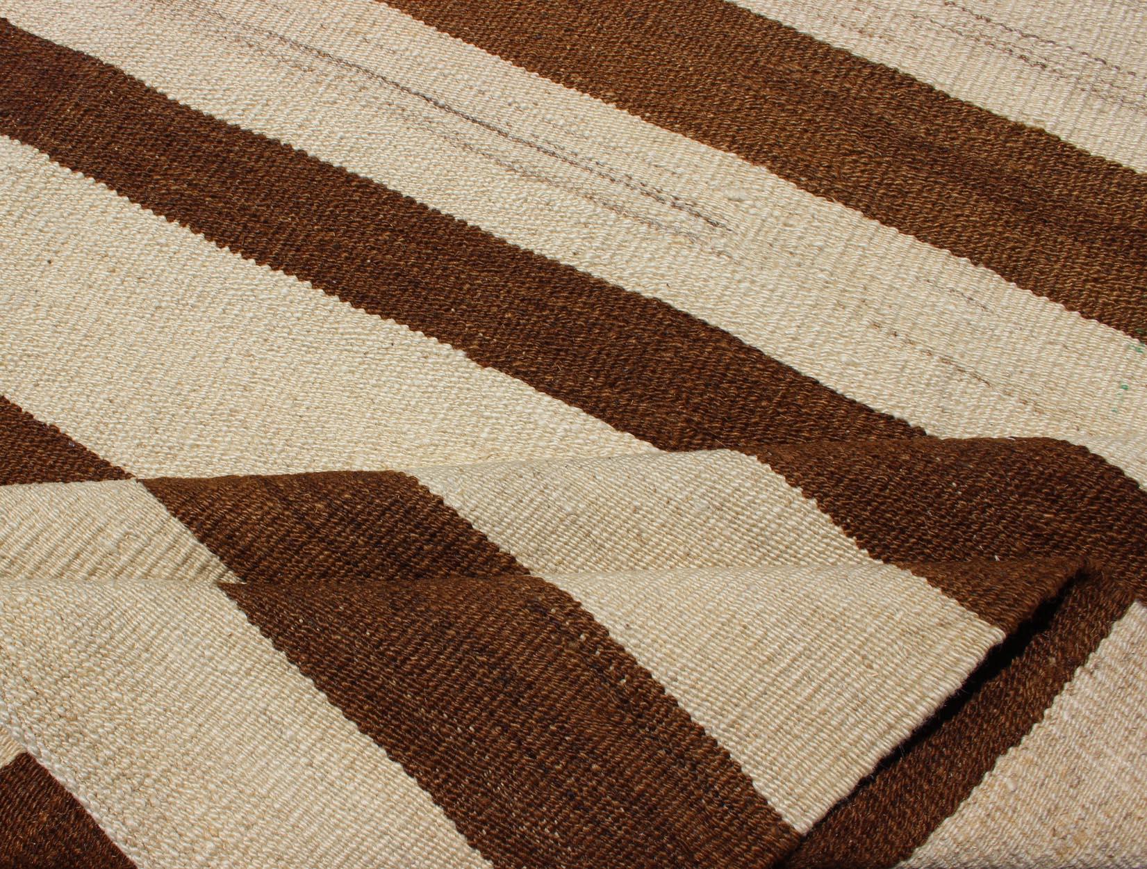 Long Vintage Kilim Runner with Brown and Ivory Stripes In Good Condition In Atlanta, GA