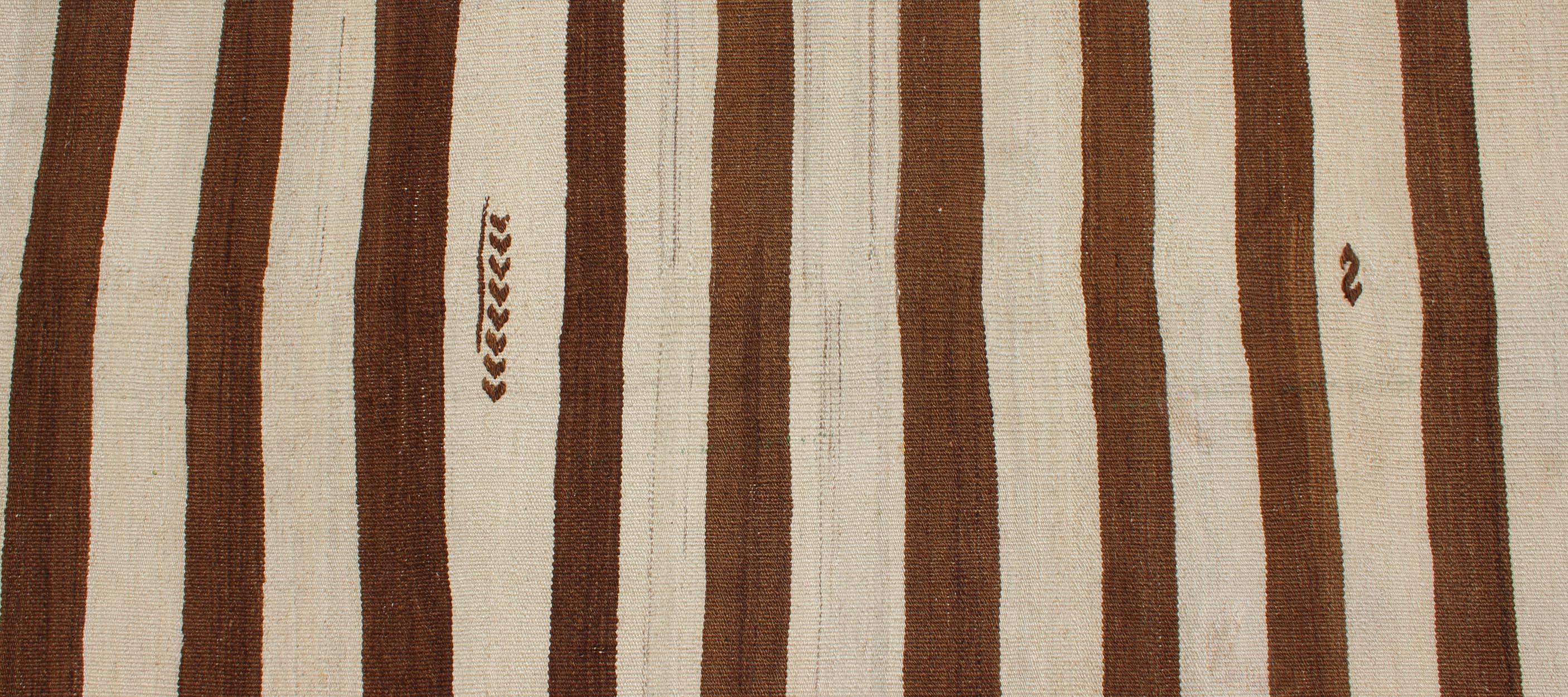 Mid-20th Century Long Vintage Kilim Runner with Brown and Ivory Stripes