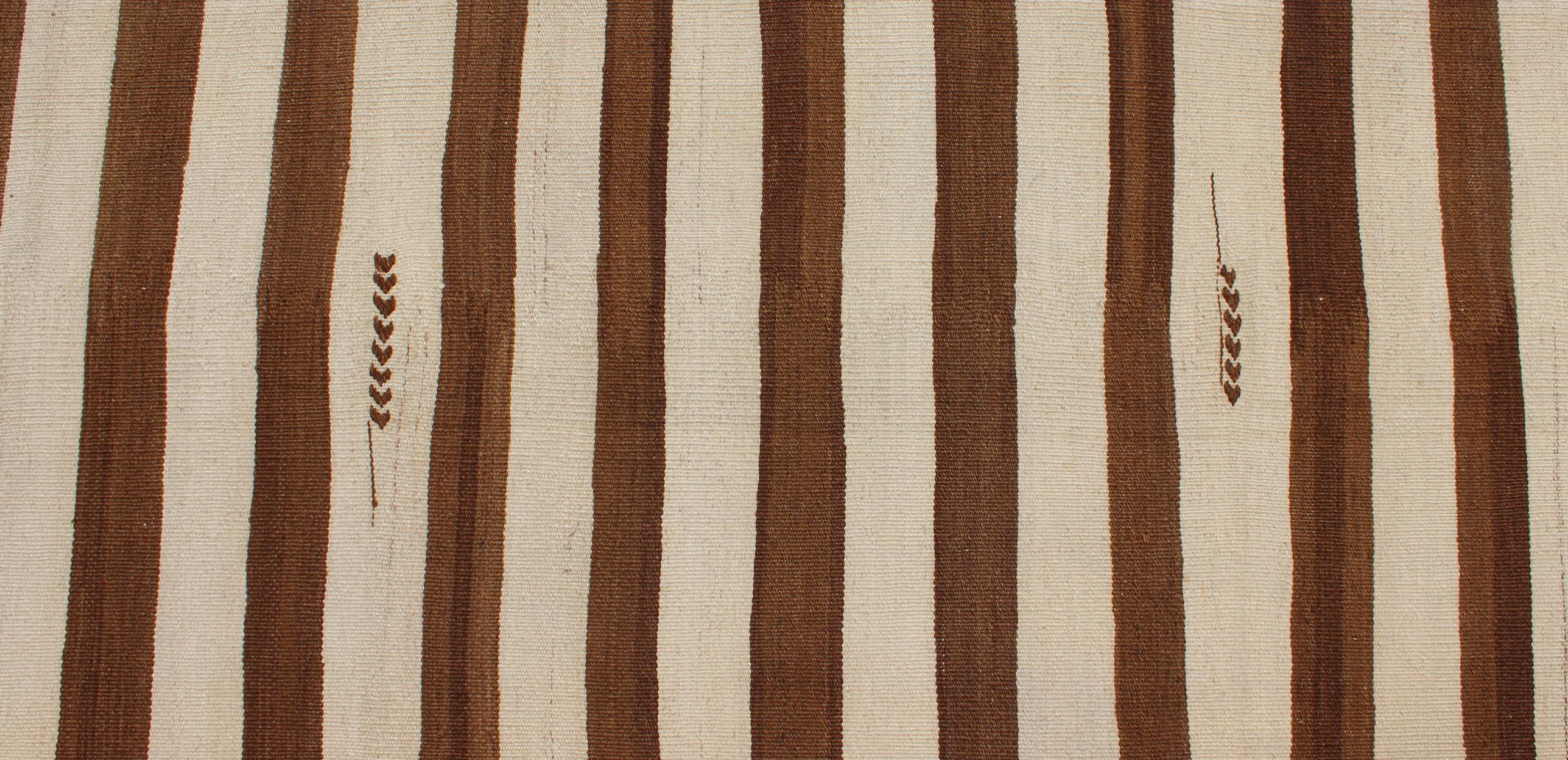 Wool Long Vintage Kilim Runner with Brown and Ivory Stripes