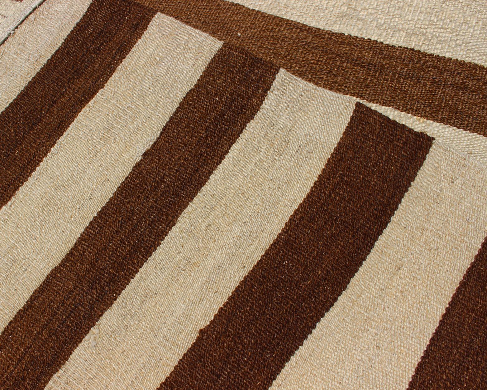 Long Vintage Kilim Runner with Brown and Ivory Stripes 2