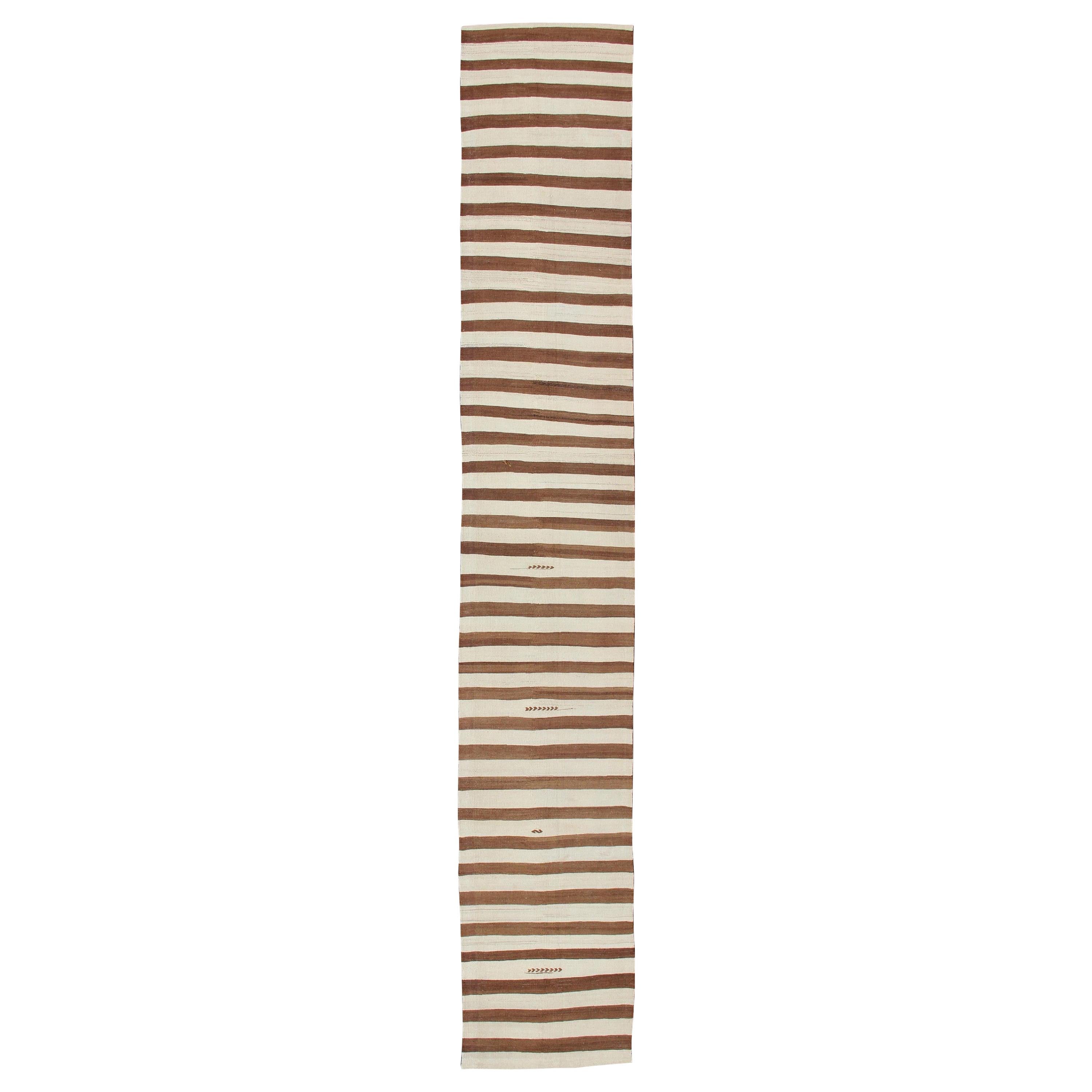 Long Vintage Kilim Runner with Brown and Ivory Stripes