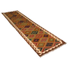 Long Vintage Maimana Kelim-Läufer, kaukasischer, dekorativer Teppich, Flur-Teppich