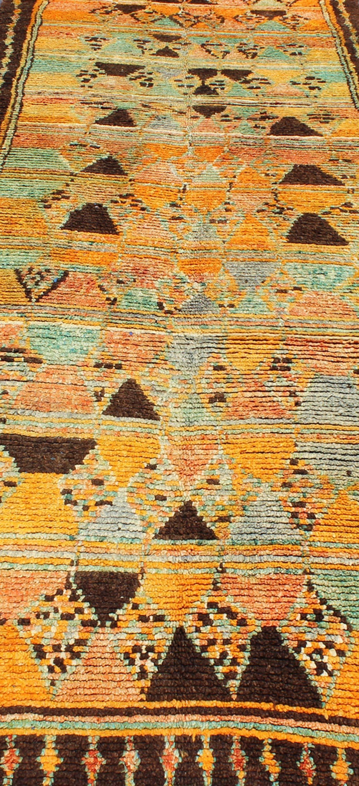 Long Vintage Moroccan Runner with Tribal Design in Orange, Brown, Blue and Green For Sale 4