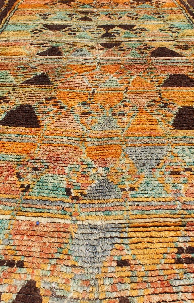 Long Vintage Moroccan Runner with Tribal Design in Orange, Brown, Blue and Green For Sale 5