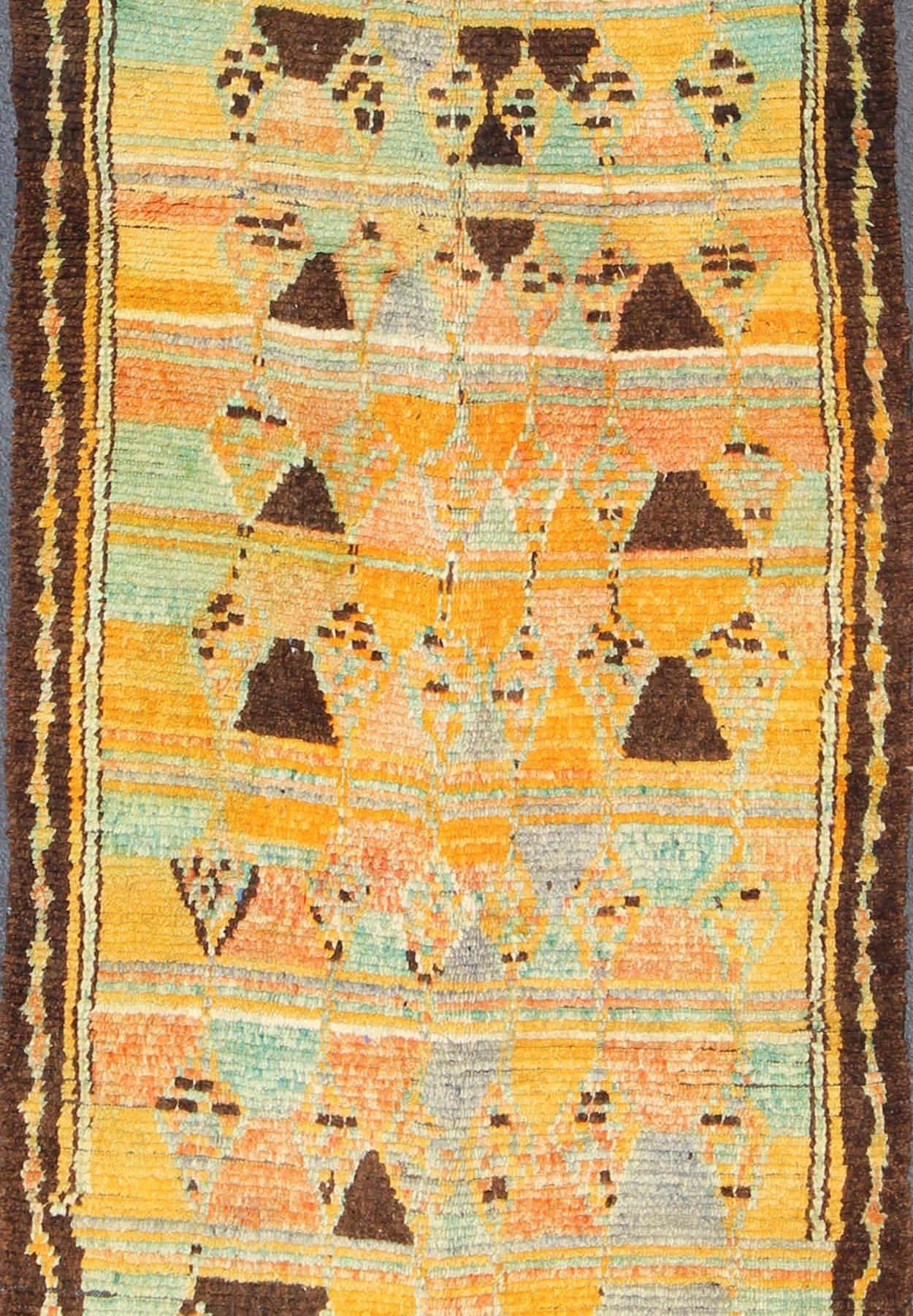 Hand-Knotted Long Vintage Moroccan Runner with Tribal Design in Orange, Brown, Blue and Green For Sale