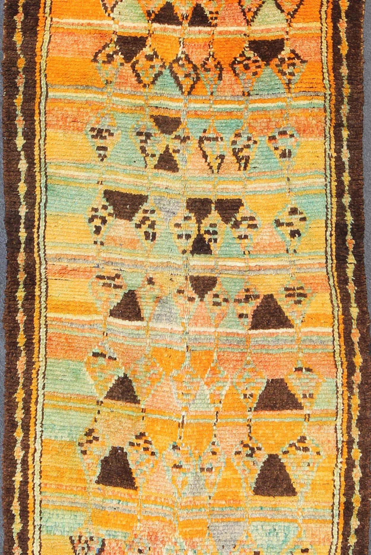 Long Vintage Moroccan Runner with Tribal Design in Orange, Brown, Blue and Green In Good Condition For Sale In Atlanta, GA