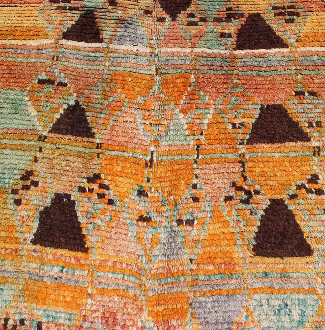 Wool Long Vintage Moroccan Runner with Tribal Design in Orange, Brown, Blue and Green For Sale