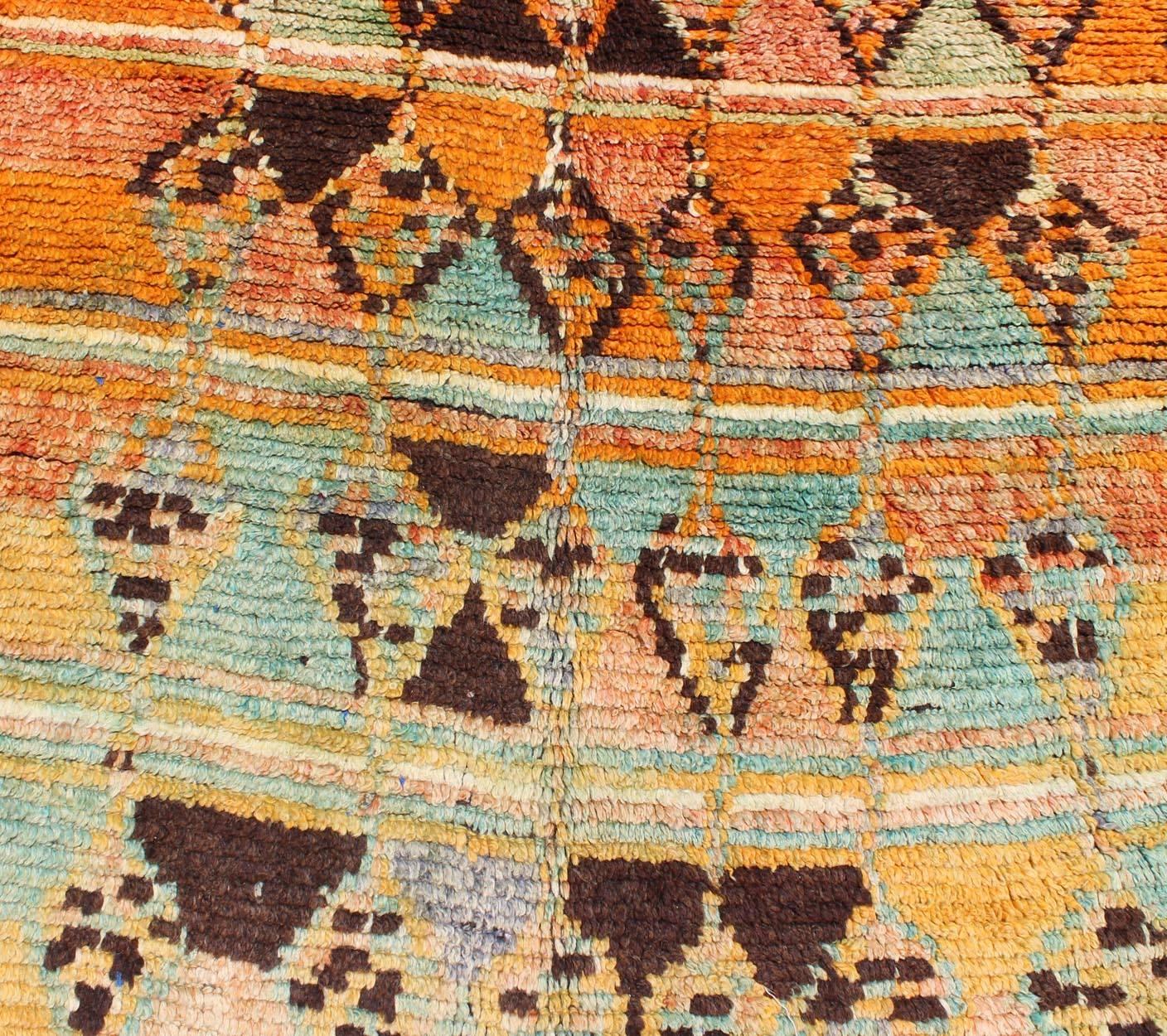 Long Vintage Moroccan Runner with Tribal Design in Orange, Brown, Blue and Green For Sale 1